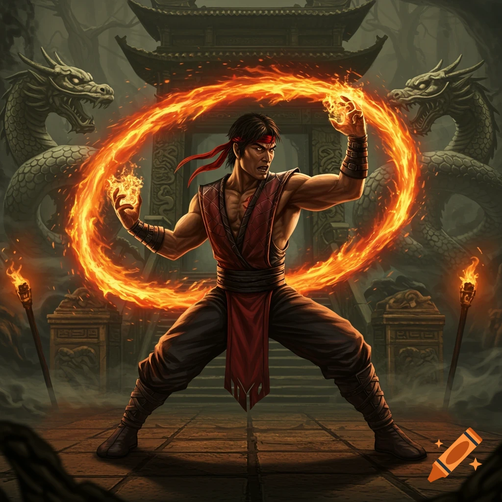 A martial artist, resembling Liu Kang, generates fire orbs and a ring of fire in a temple courtyard with dragon statues.