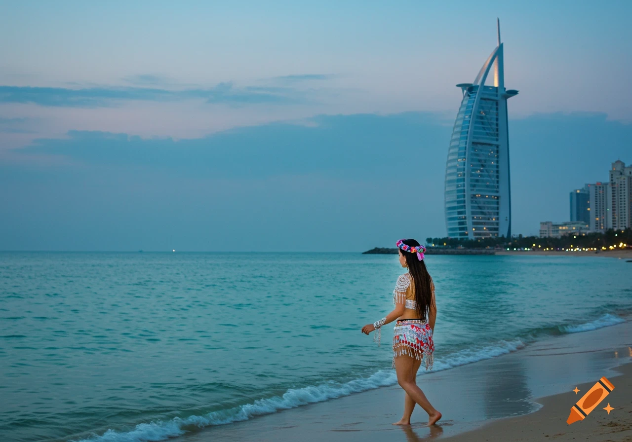 A woman in a decorative outfit walks along a beach at dusk with a prominent skyscraper and city lights in the background.