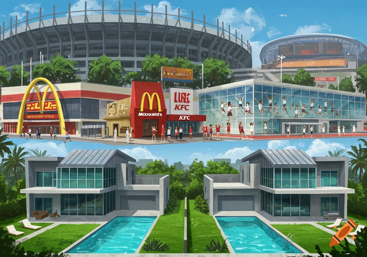 An illustrative cityscape featuring two modern houses with pools in the foreground, and in the background, a McDonald's, a KFC, a glass gym with cheerleaders, and a large stadium.