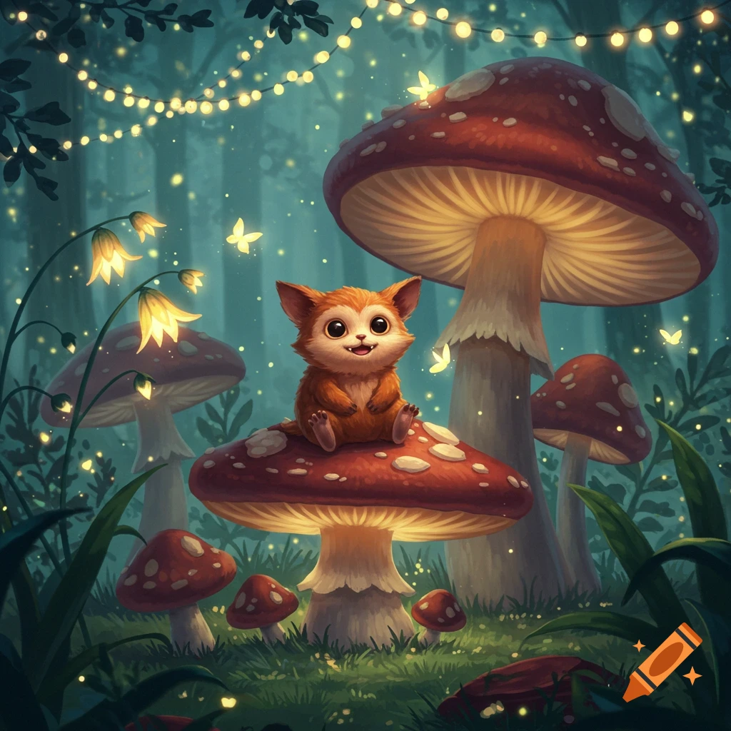 A cute, furry creature with big eyes sits on a mushroom in a magical forest with glowing fairy lights.