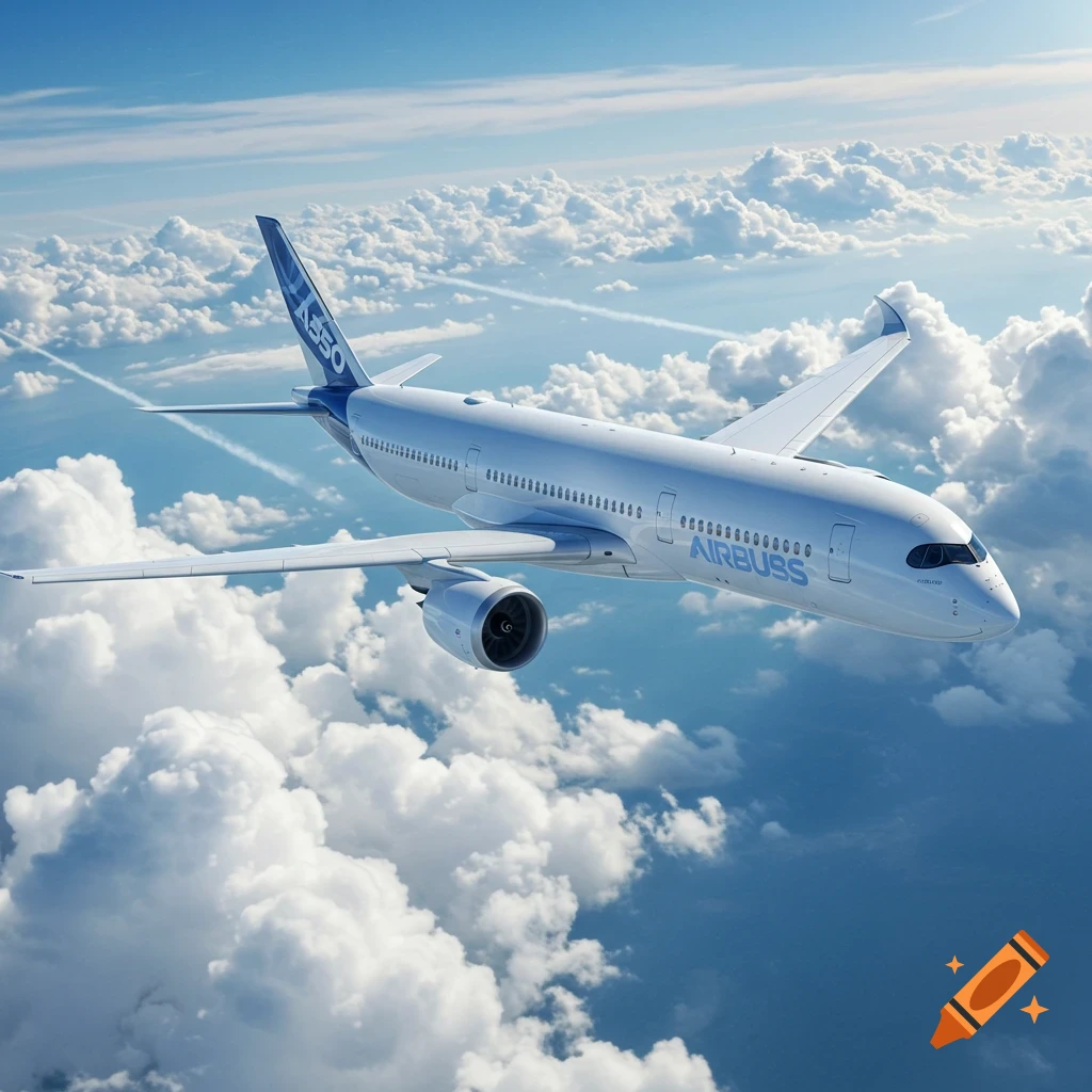 A white Airbus A350 passenger airplane flies through a bright blue sky filled with white clouds.