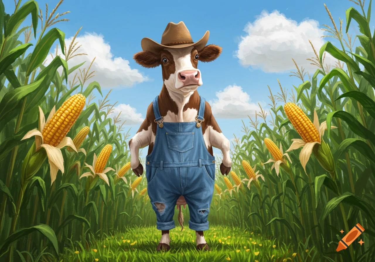 A brown and white cow wearing a cowboy hat and denim overalls stands in a tall green cornfield.