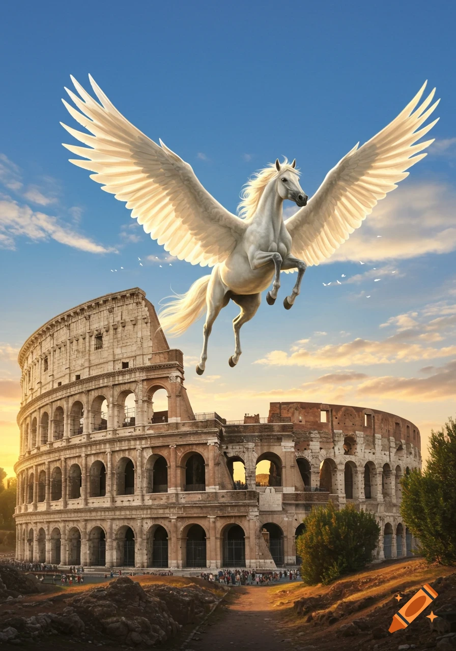 A white Pegasus with large wings flies above the ancient Roman Colosseum under a bright sky.