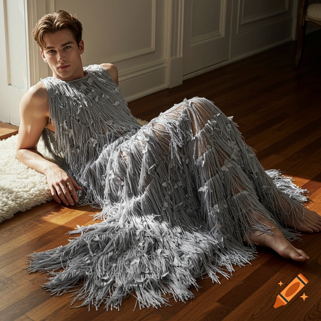 A young adult man in a gray butterfly fringe dress reclines on a wooden floor, looking forward.