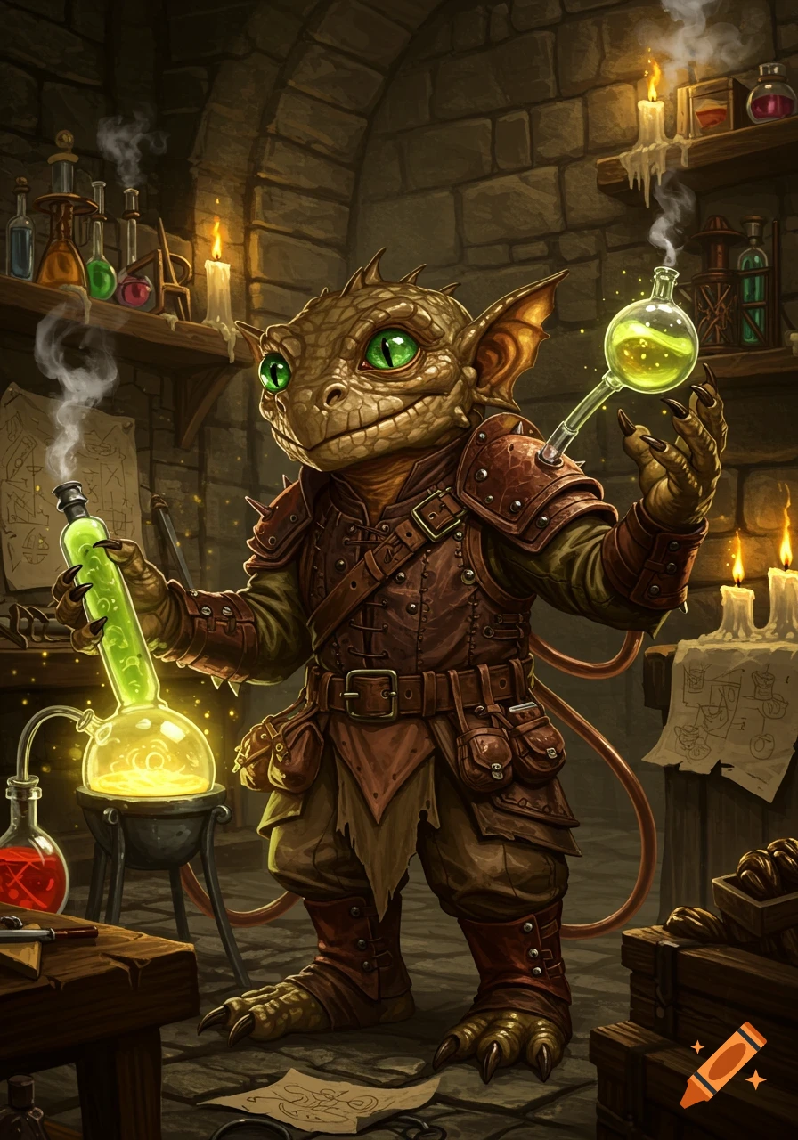 A scaly, green-eyed fantasy creature, a gnome artificer or alchemist, stands in a dungeon-like lab, holding glowing, bubbling flasks.