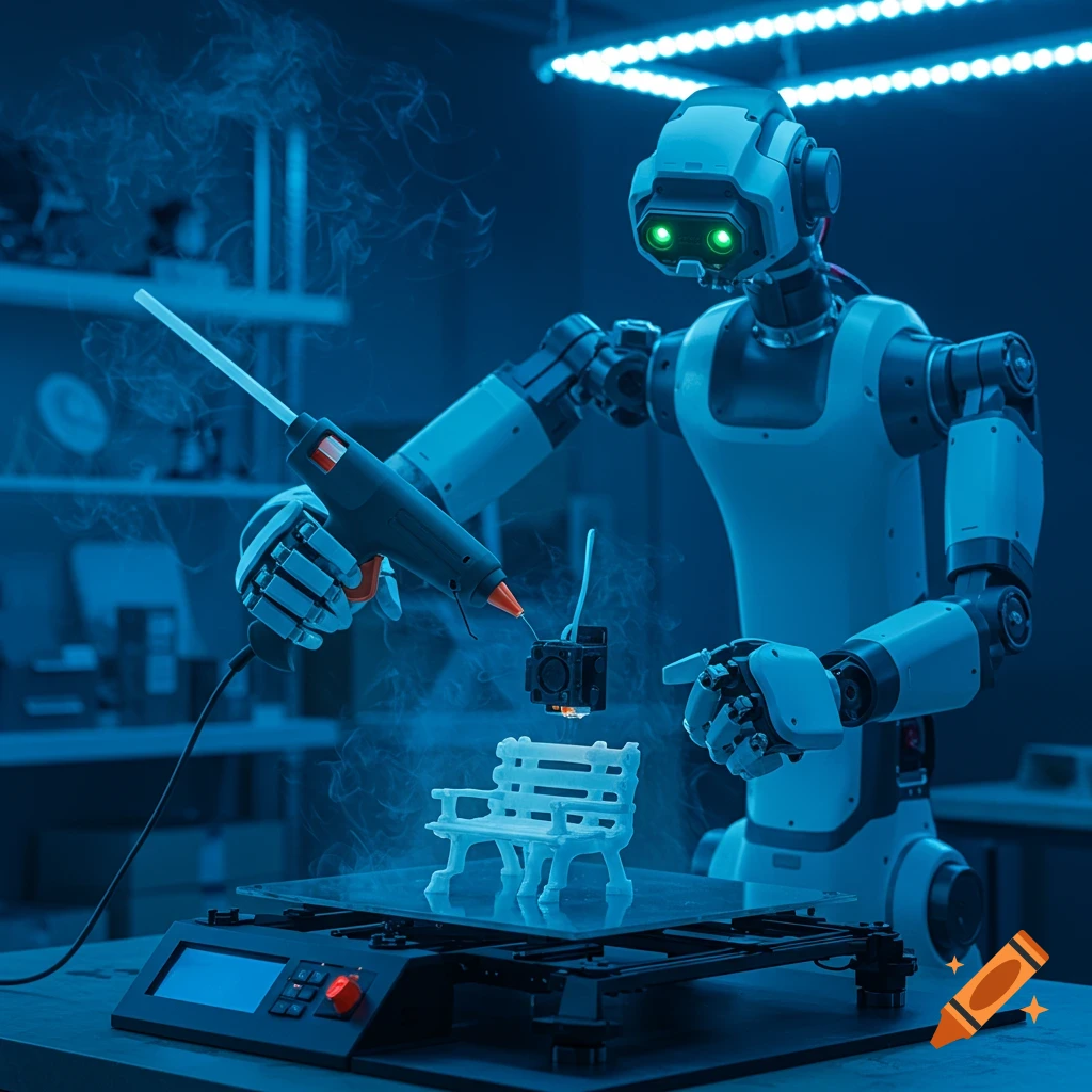 A white and gray robot uses a glue gun while overseeing a 3D printer making a miniature bench, bathed in blue light.