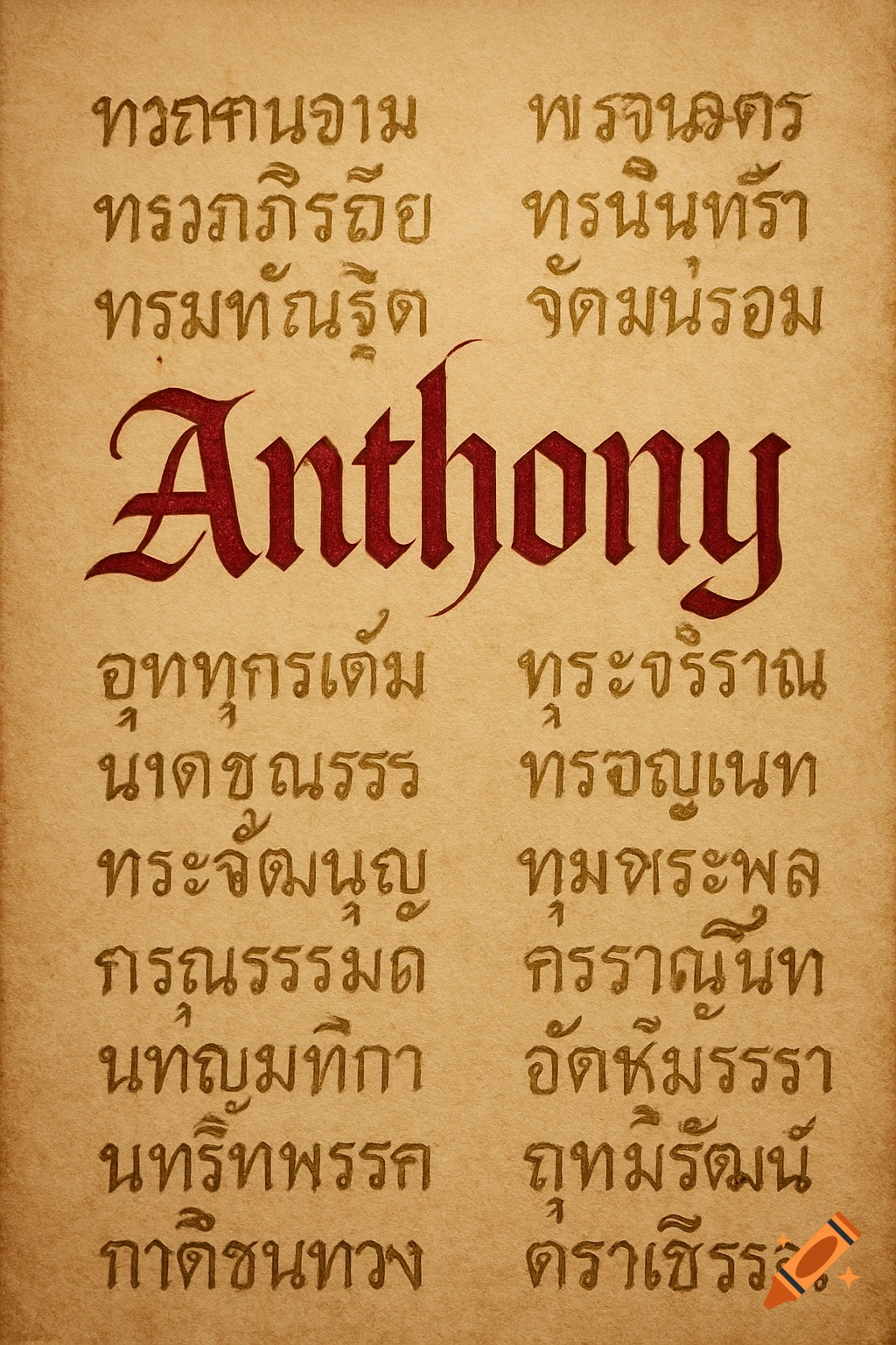 The name "Anthony" in red gothic script on a parchment texture, surrounded by columns of smaller brown Thai script.