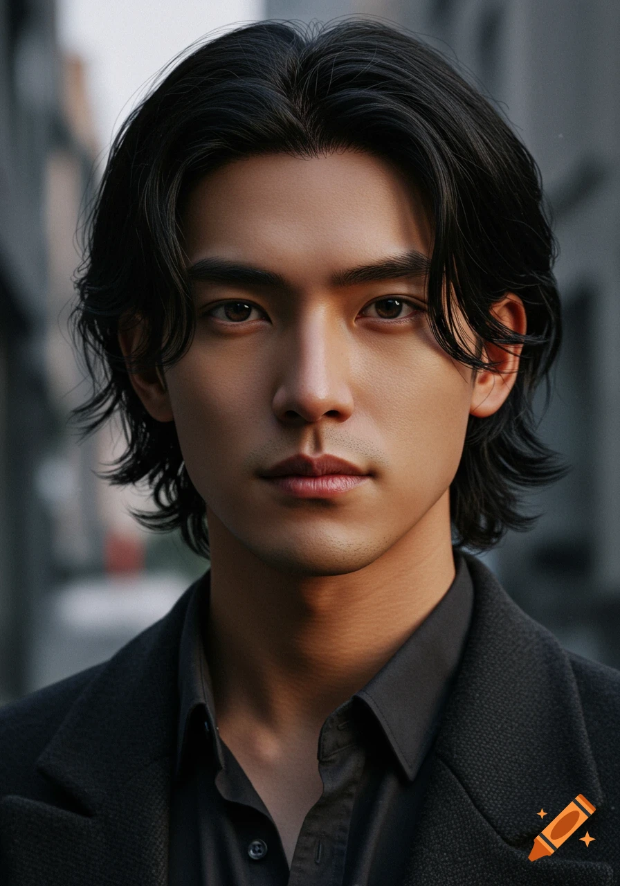 Close-up photorealistic portrait of an East Asian man with long black hair, wearing a dark coat and shirt.