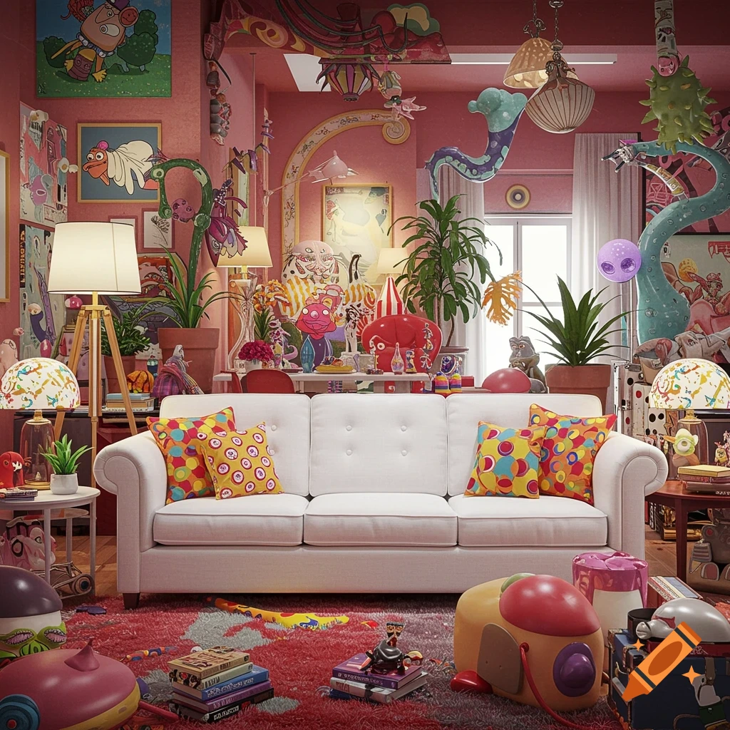 A highly cluttered, whimsical living room in shades of pink, featuring a white sofa with colorful pillows, many strange creatures, and whimsical decor.