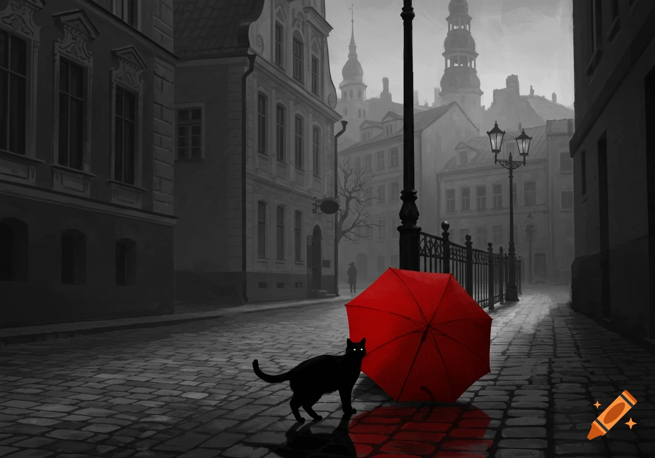 A black cat with glowing eyes next to a red umbrella on a cobblestone street in a monochromatic city.