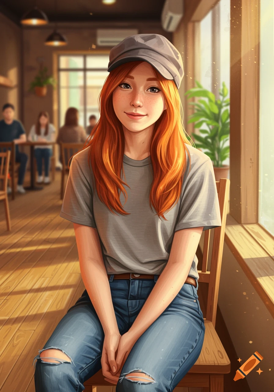 An illustrated portrait of a young woman with long ginger hair and a grey cap, sitting in a sunny cafe.