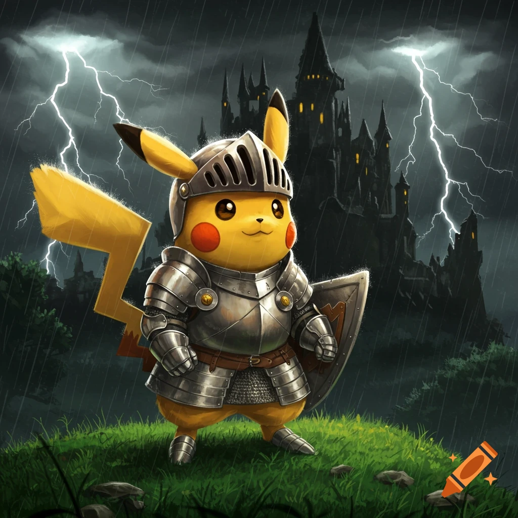 Pikachu as a medieval knight in shining armor with a shield, standing on a grassy hill before a dark castle with lightning striking in a stormy, rainy sky.