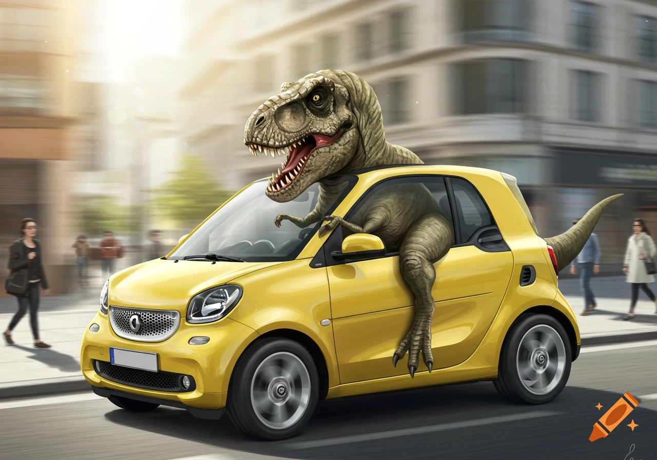 A large Tyrannosaurus Rex drives a small yellow Smart Car down a sunny city street.