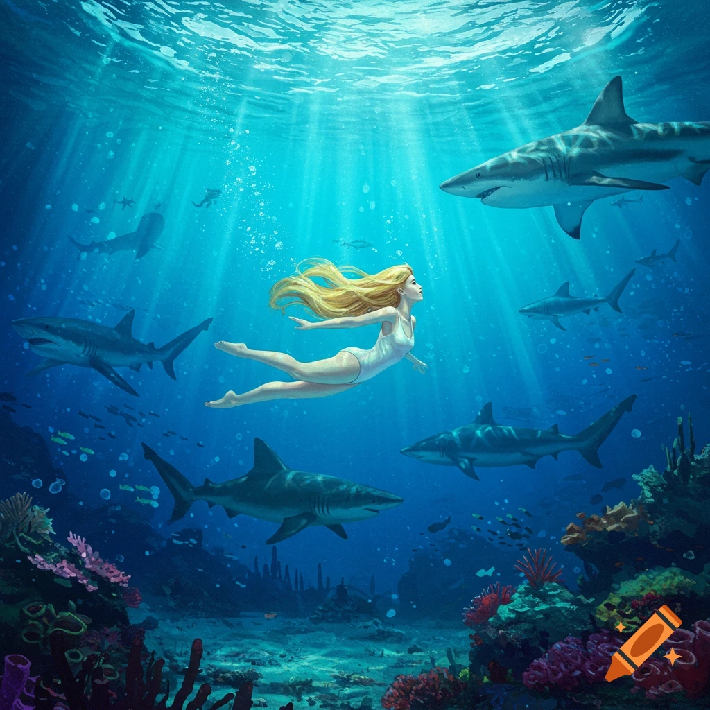 A blonde woman in a white swimsuit swims gracefully underwater, surrounded by several sharks and a vibrant coral reef, with sun rays streaming from above.