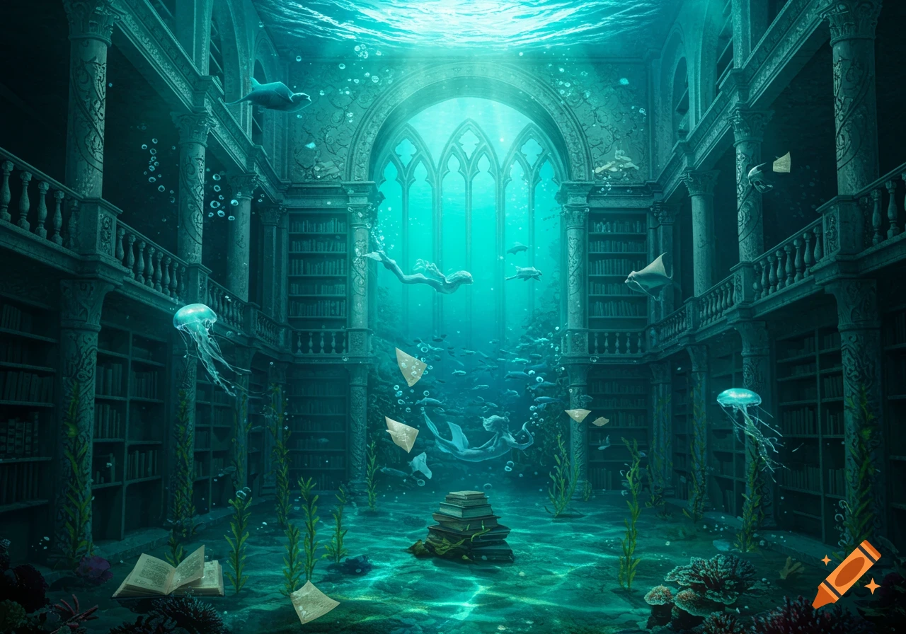 A vibrant underwater library with towering bookshelves, mermaids, jellyfish, and fish swimming through sunlit water.