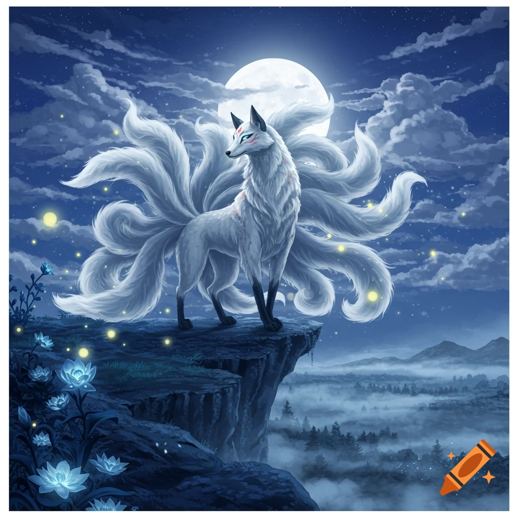 A white kitsune with multiple tails stands on a cliff under a full moon, overlooking a misty forest with glowing blue flowers.
