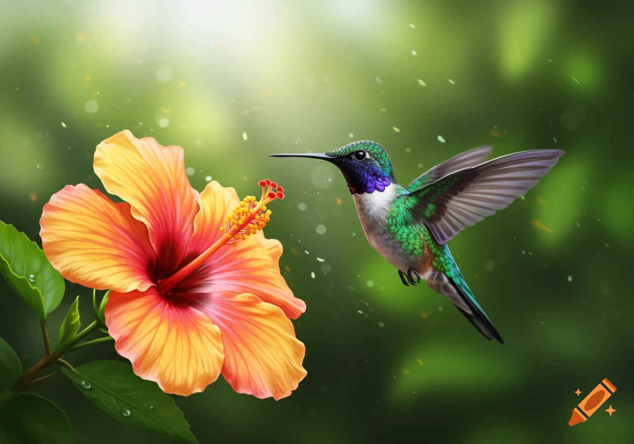 A vibrant hummingbird with green, blue, and white feathers hovers near an orange and pink hibiscus flower in a soft green background.