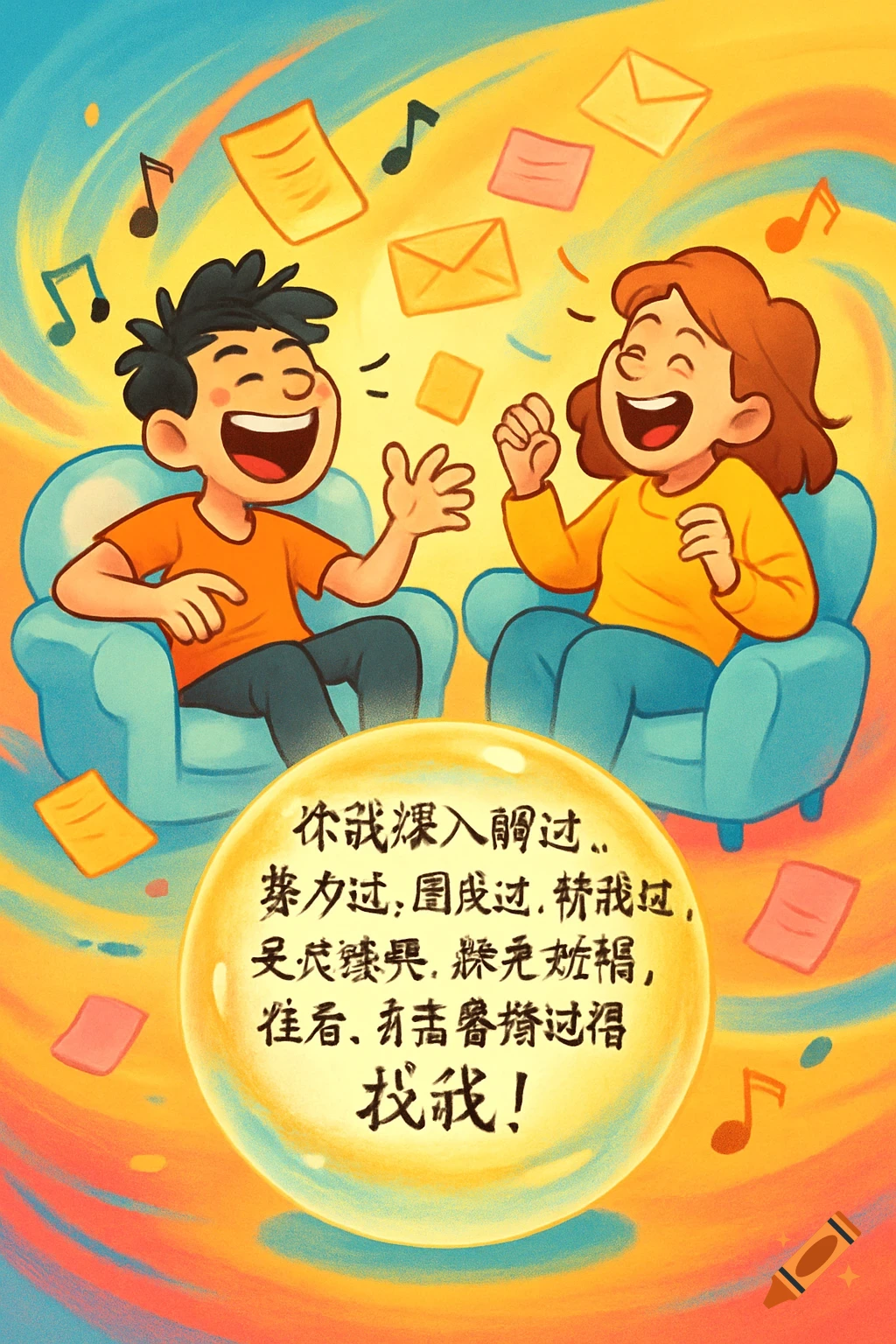 A colorful cartoon illustration of a boy and a girl laughing heartily while sitting in blue armchairs, surrounded by musical notes and flying papers. A yellow bubble at the bottom contains Chinese text.