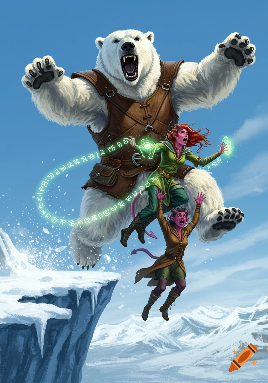 A giant armored polar bear leaps from a snowy cliff, holding two panicked tieflings who are falling with him. Magical green runes float around the sorcerer.