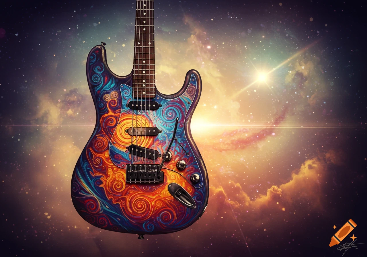 A vibrant psychedelic electric guitar with swirling orange and blue patterns, set against a cosmic background of stars and nebulae.