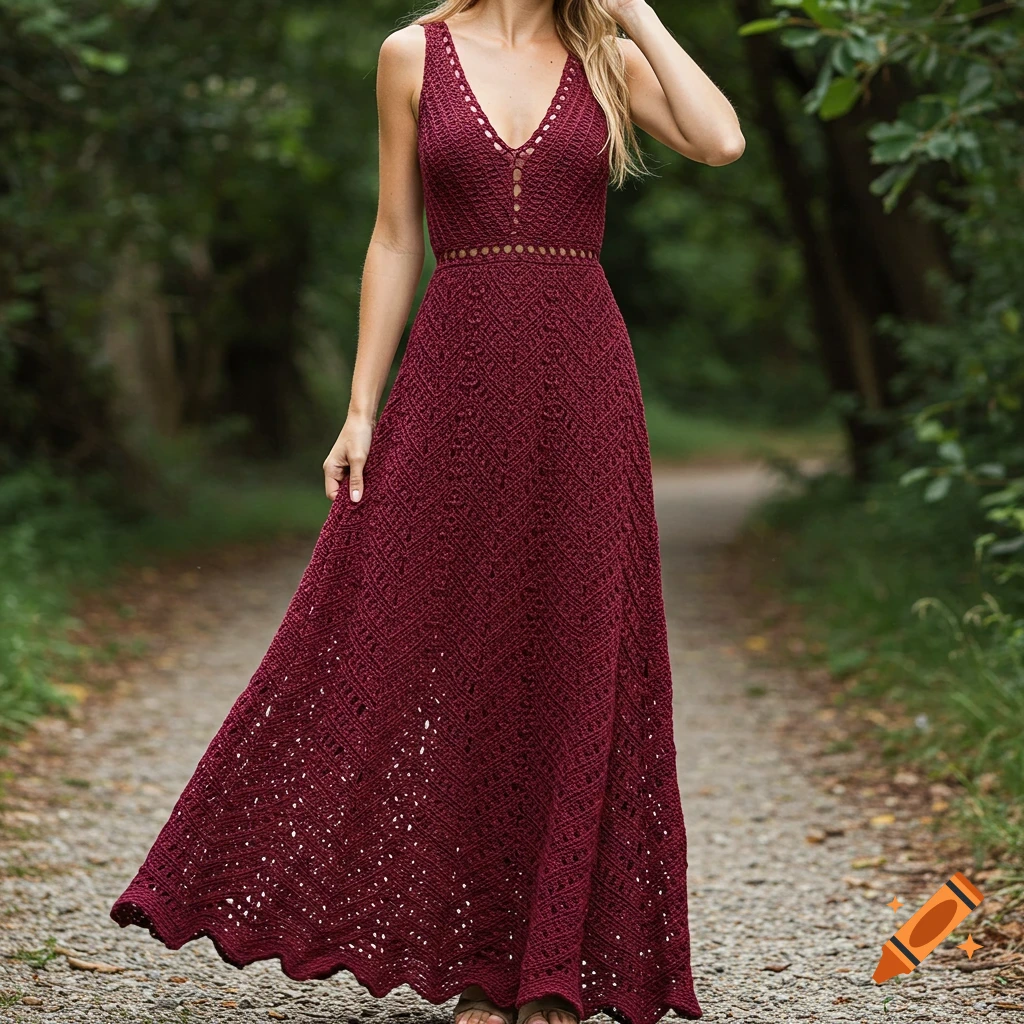Photorealistic image of a woman in a burgundy crochet maxi dress with a V-neckline walking on a path in a forest.