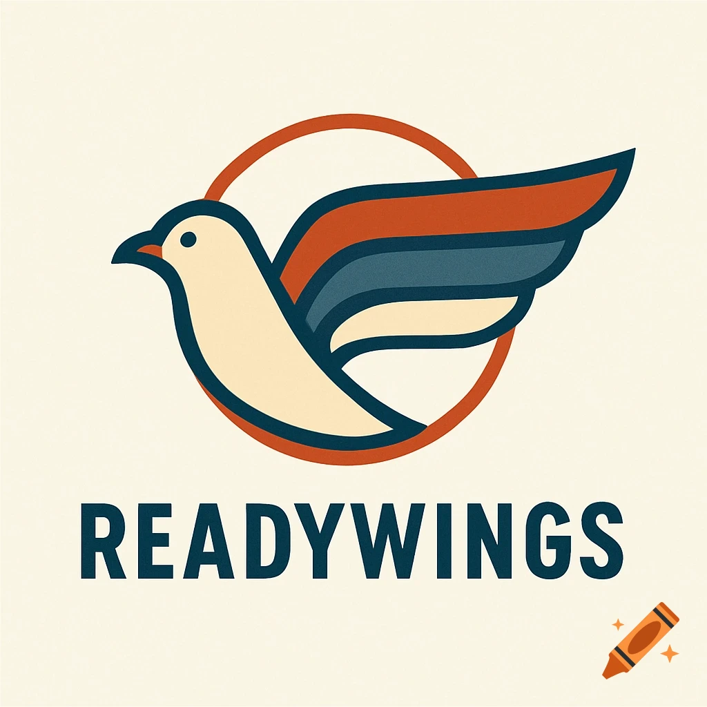 Minimalist retro logo for ReadyWings, featuring a stylized bird with an open wing inside an orange circle.