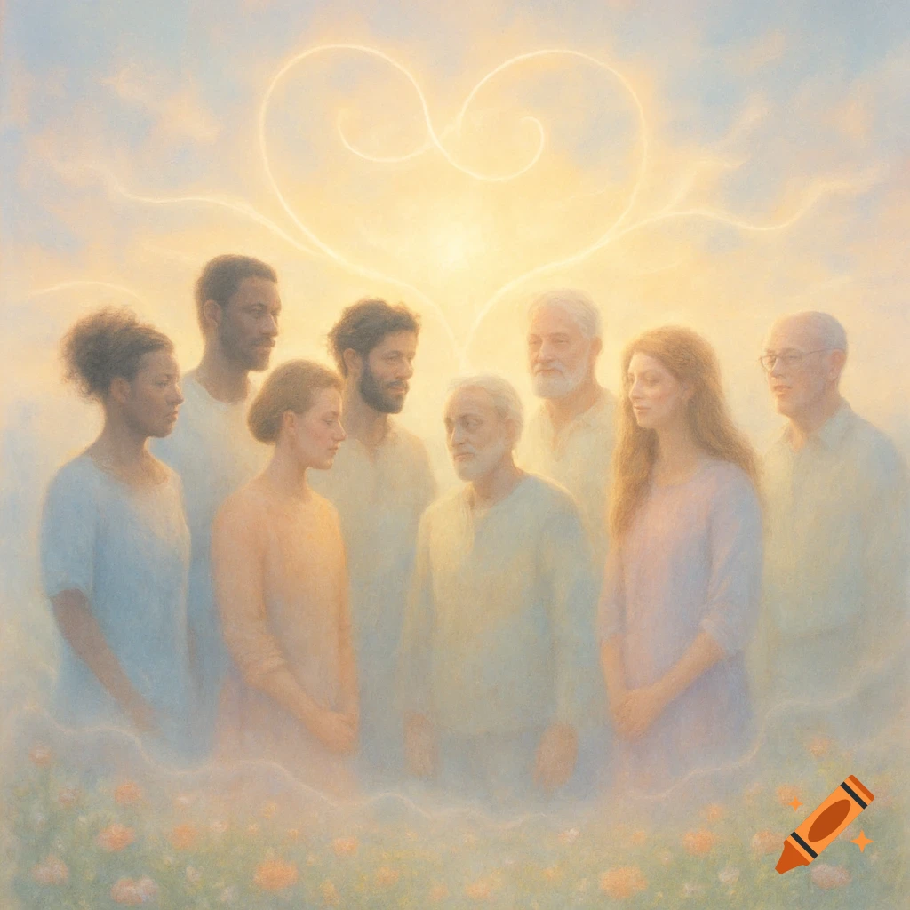 A diverse group of people in a hazy, ethereal setting with a glowing heart above them, bathed in warm light.