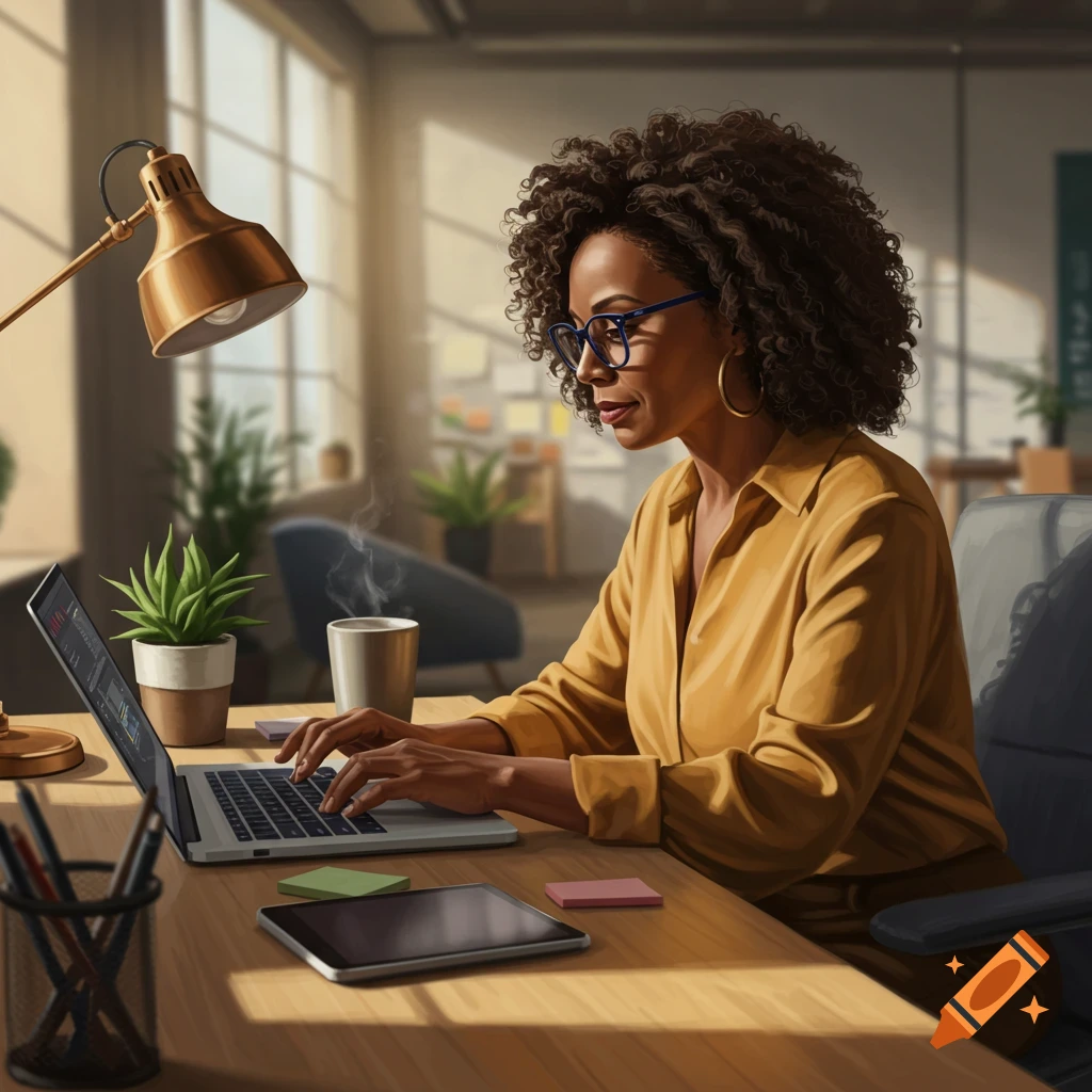 A Black woman with curly hair and glasses works on a laptop at a desk in a sunlit office, with a lamp and plants.