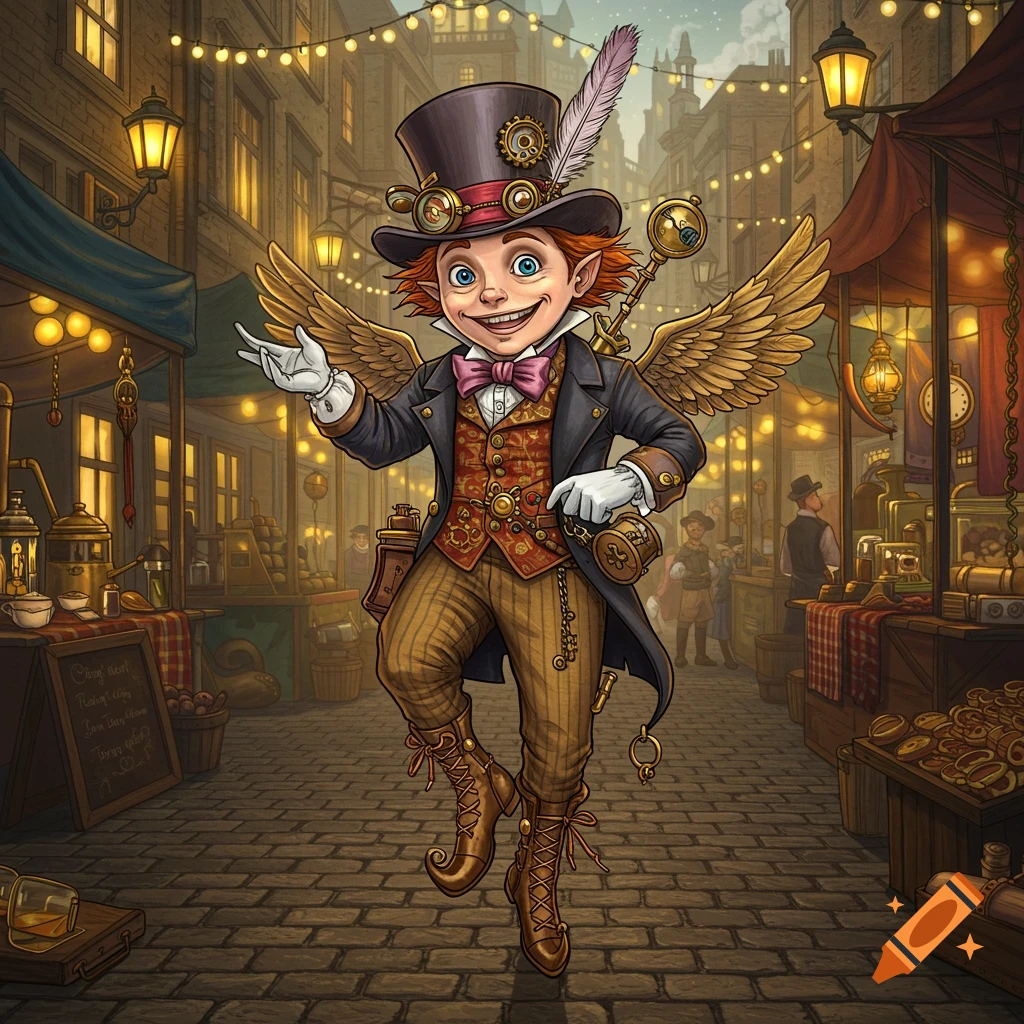 A whimsical, cartoonish imp-like character with steampunk wings and a top hat stands in a bustling market street.