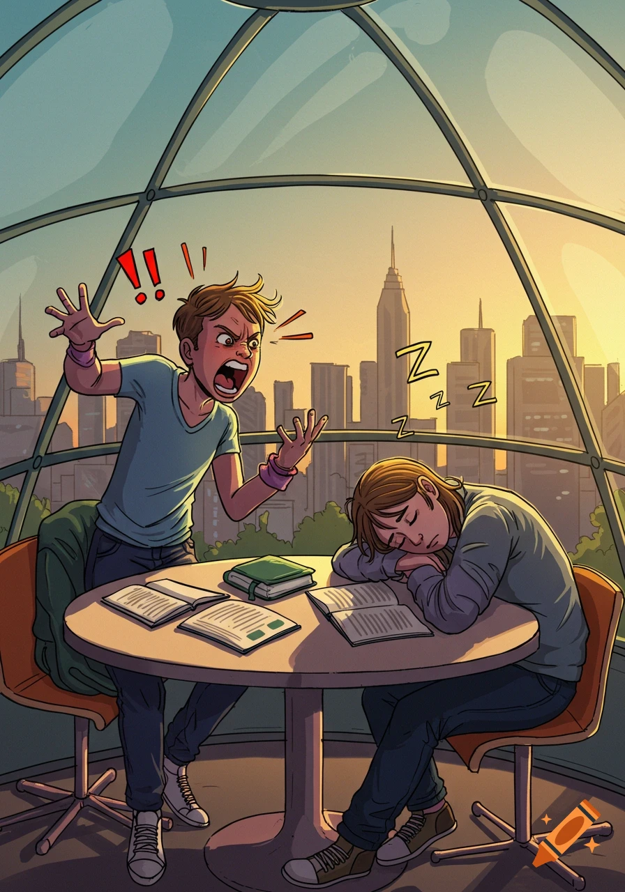 Comic book illustration of an angry student yelling at another student sleeping on books at a table, with a city skyline at sunset visible through a glass dome.