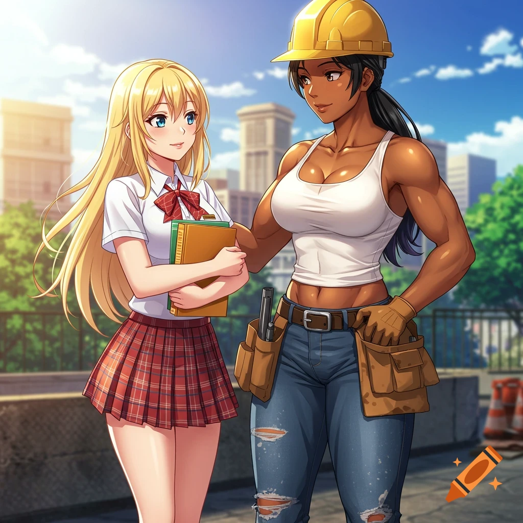 An anime drawing of a blonde schoolgirl in a plaid skirt talking to a muscular female construction worker wearing a hard hat, tank top, and jeans.