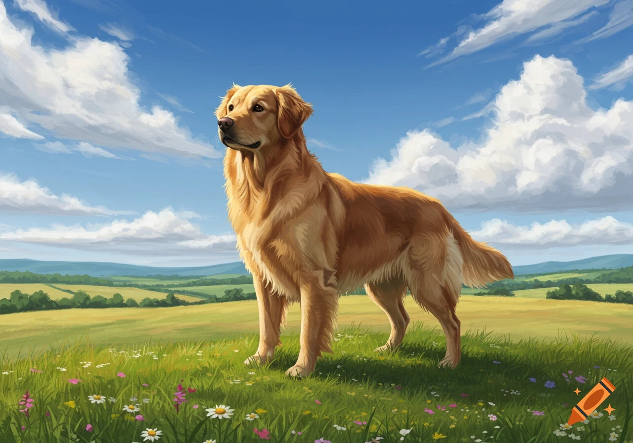 A golden retriever stands in a grassy field with colorful wildflowers under a blue sky with white clouds.