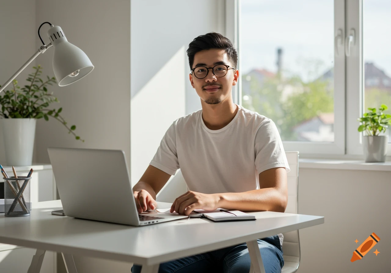 A young man wearing glasses sits at a desk with a laptop and notebook, bathed in natural light from a window. Photorealistic style.