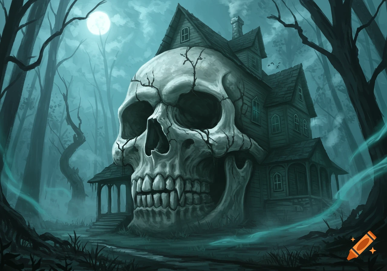 A spooky, dark mansion with a large skull integrated into its facade, standing in a desolate forest under a bright full moon.