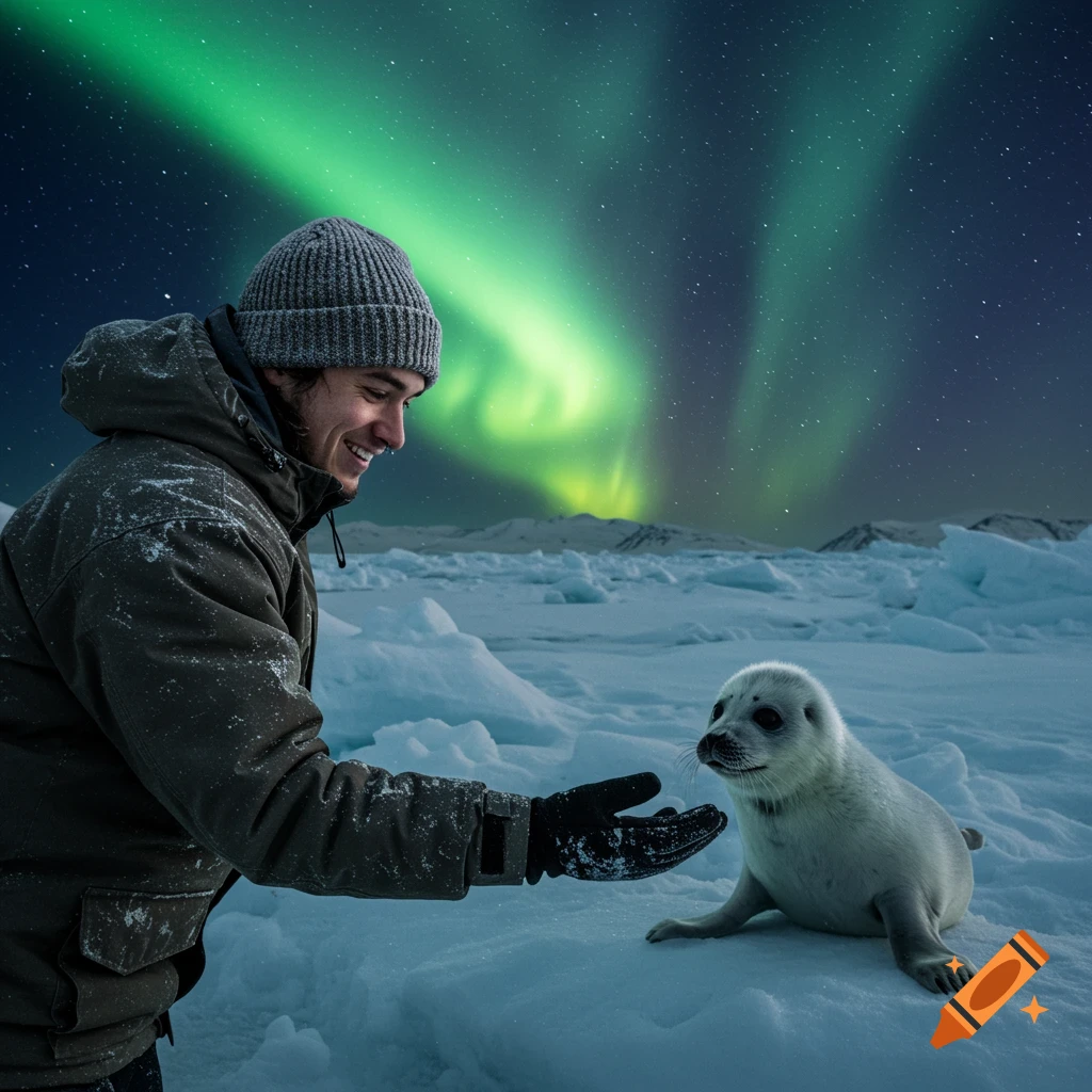 A man in a winter jacket reaching out to a baby seal on an icy landscape under vibrant green aurora borealis.