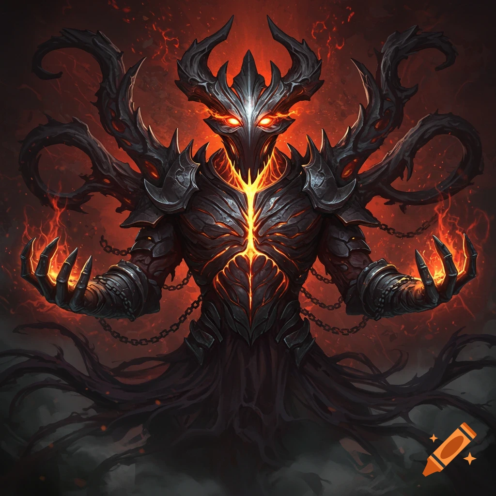 A menacing dark fantasy demon with glowing orange cracks on its armor and fiery eyes, holding flames in its hands, against a red inferno background.