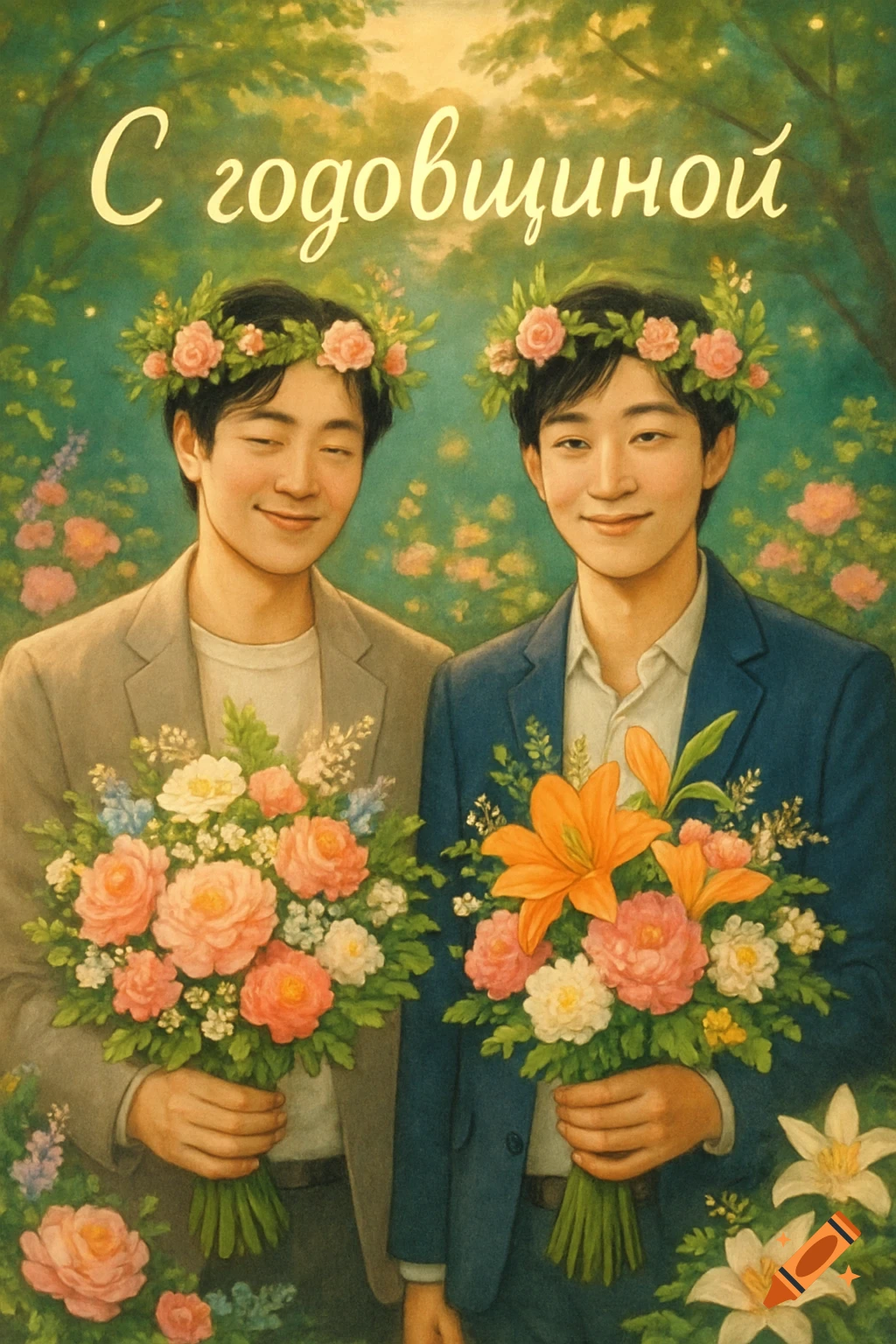 Two smiling Asian men in flower crowns hold bouquets in a lush garden, with the Russian text 'С годовщиной' (Happy Anniversary) at the top. Painted illustration.