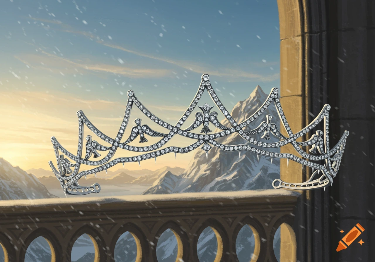 An ornate silver and diamond tiara with bird motifs and icicle points on a stone balcony overlooking snowy mountains and falling snow. Illustrated.