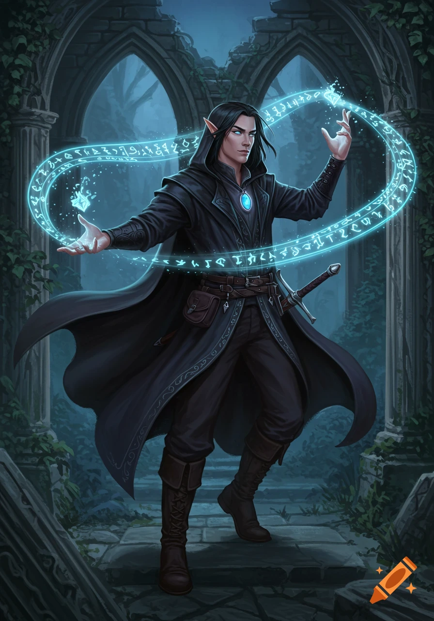 A dark-haired elven wizard in a black robe casts a glowing blue rune spell, holding a crystal and a sword in ancient ruins.