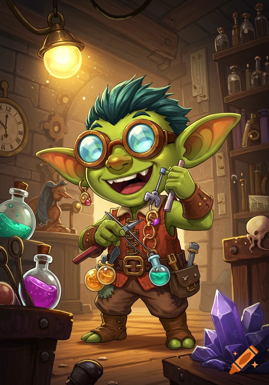 A vibrant cartoon of a happy green goblin artificer wearing goggles, holding tools, surrounded by potions and crystals in a workshop.