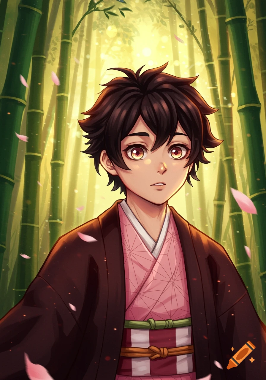 An anime boy with dark spiky hair and reddish-brown eyes, wearing a dark brown and pink kimono, stands in a golden bamboo forest with pink petals falling.