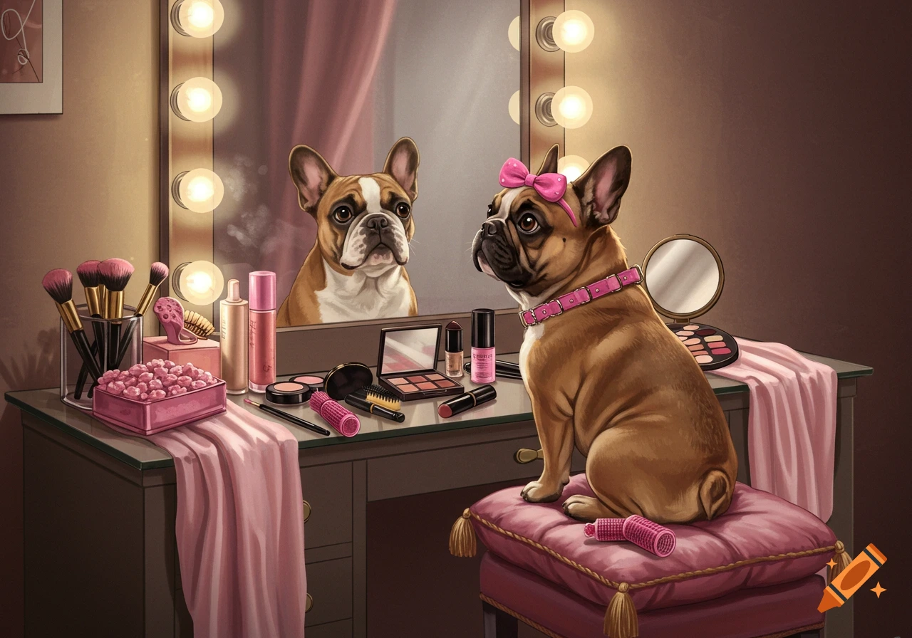 A cute French bulldog with a pink bow and collar sits at a vanity table, looking in a mirror. Makeup brushes, bottles, and palettes are on the table.