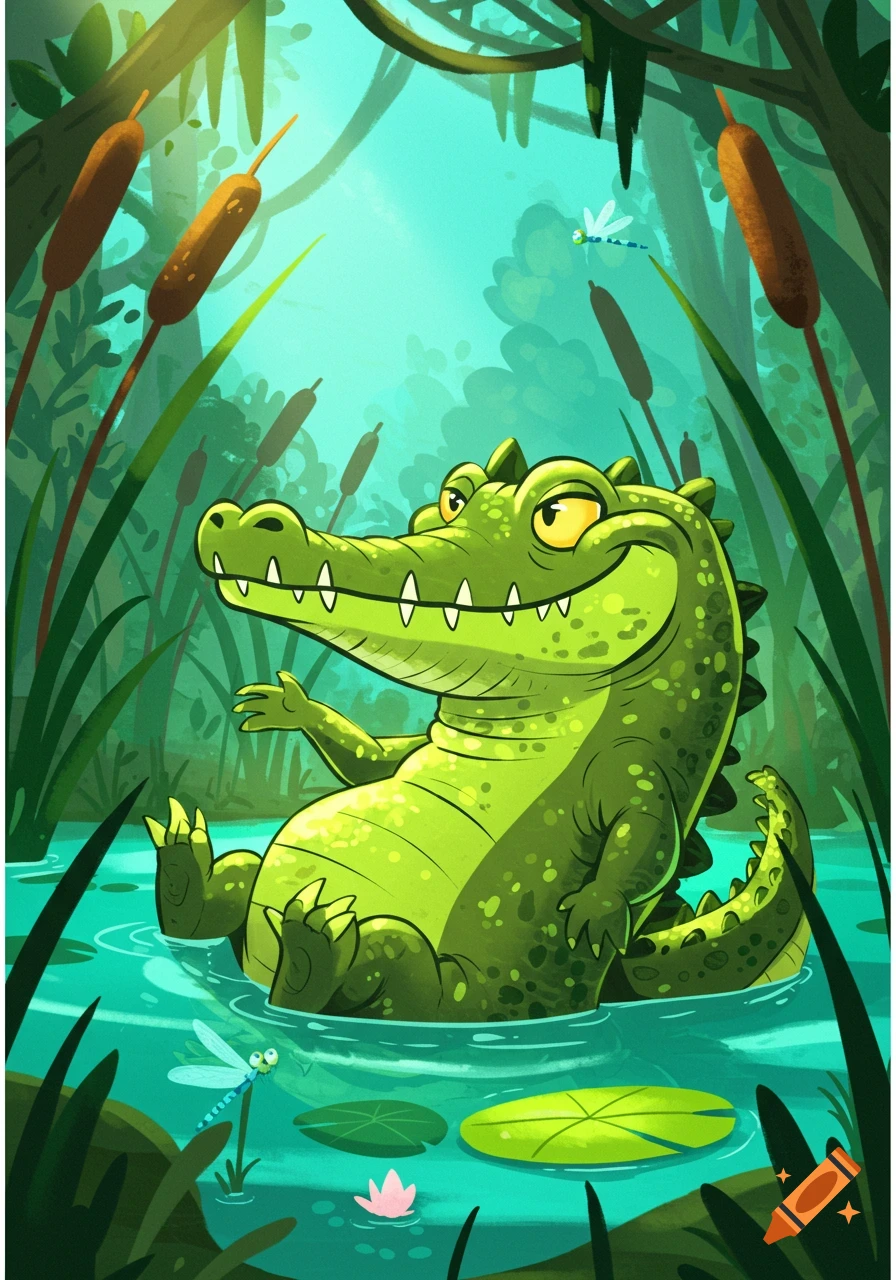 A friendly cartoon alligator sits smiling in a swamp with cattails, lily pads, and dragonflies.