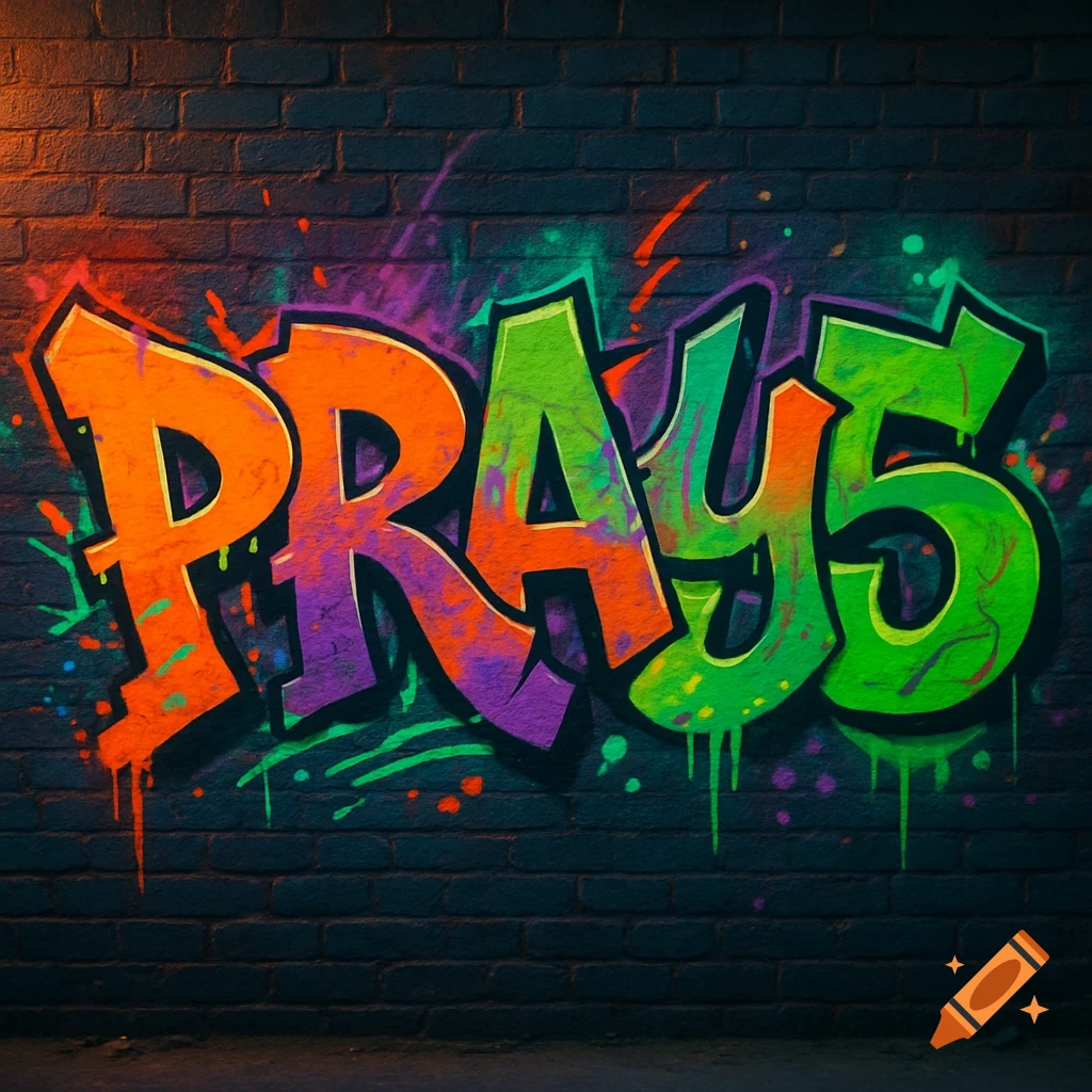 Colorful graffiti art spelling PRAY5 on a dark brick wall.