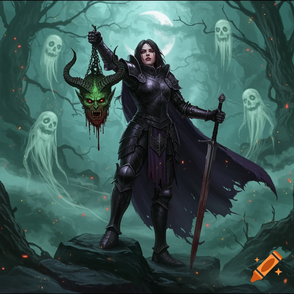 A female knight in black armor holds a severed green demon head, standing in a misty, moonlit forest with ghosts.