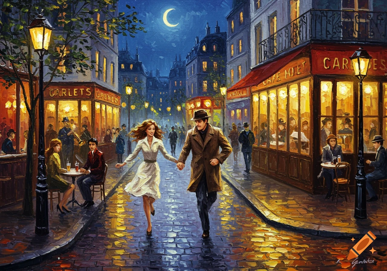 A vibrant impressionist painting of a couple holding hands and running through a bustling Paris street at night, with illuminated cafes and a crescent moon.