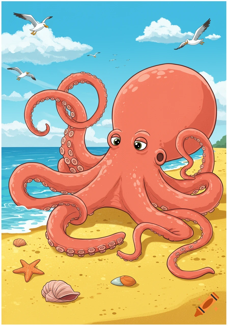 A colorful cartoon illustration of a large red octopus sitting on a sandy beach with seashells and a starfish, under a blue sky with seagulls flying overhead.