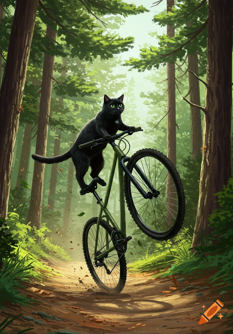 A black cat with green eyes performs a wheelie on an army green mountain bike on a forest path.