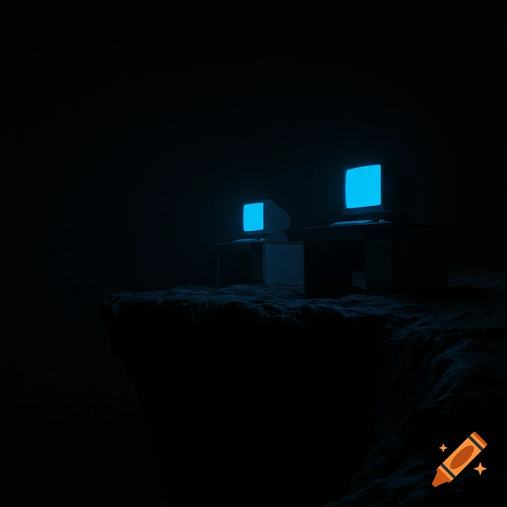 Two glowing blue CRT monitors on desks perched on a dark, rocky cliff edge against a black background.