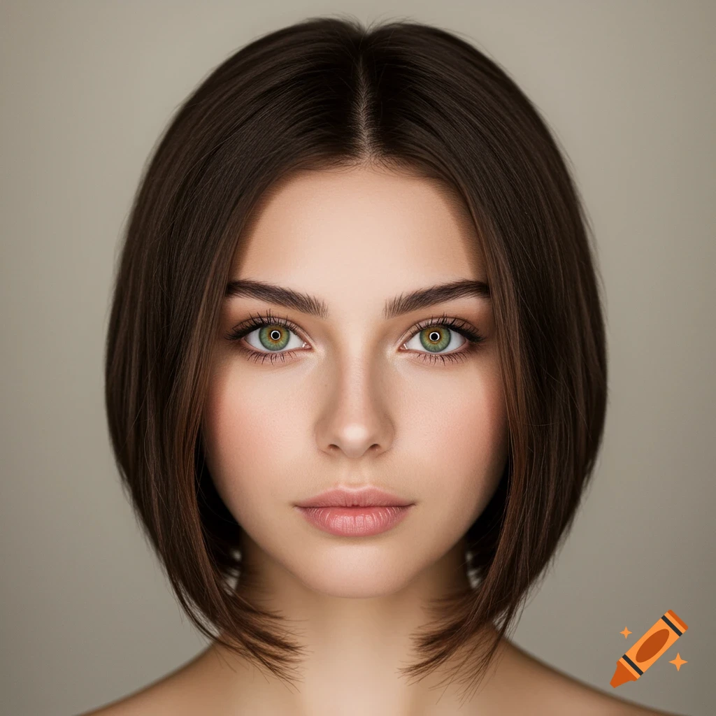 A close-up portrait of a young brunette woman with short bob hair and striking green eyes, looking directly at the viewer.